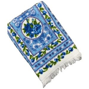 Vintage Cannon Bath Hand Towel‎ Blue White Floral 24" x 14.5" Cotton Poly Blend
